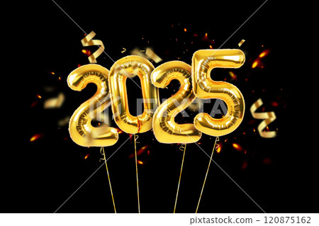 Golden balloons 2025 with golden ribbon with confetti flying on black background, concept. New Year, creative idea card Golden balloons 2025 with golden ribbon with confetti flying on black background, concept. New Year, creative idea card 120875162