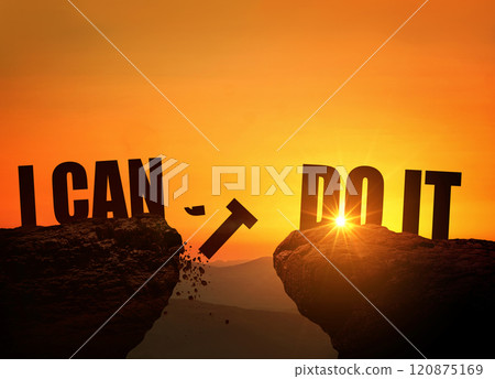 Concept I can't do it and I can do it. I can't the letter t falls into the abyss, creative idea. Two rocks at sunset 120875169