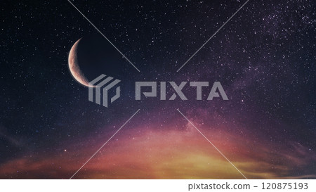 Beautiful moon on the starry sky with clouds after sunset. Stars and moon wallpaper Beautiful moon on the starry sky with clouds after sunset. Stars and moon wallpaper 120875193