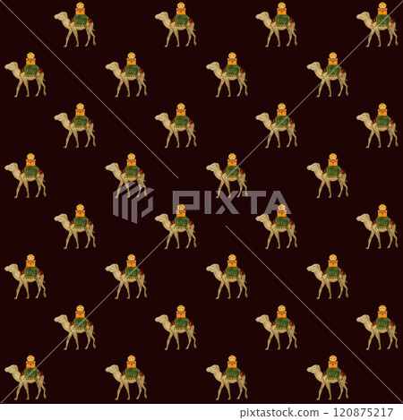 Camel with saddle blanket and treasure chests, gifts, watercolor seamless pattern on black background. Hand painted art for wrapping paper, decoration for true Christmas. Cute minimalistic clip art Camel with saddle blanket and treasure chests, gifts, watercolor seamless pattern on black background. Hand painted art for wrapping paper, decoration for true Christmas. Cute minimalistic clip art 120875217