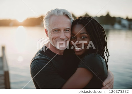 Loving couple embracing outdoors during sunset 120875282