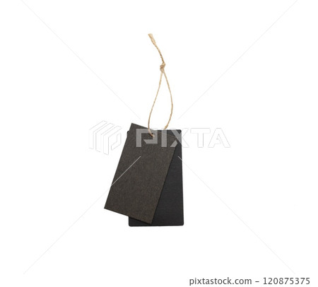 Black shopping tag with gold cord isolated on white background 120875375