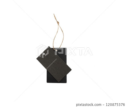 Black shopping tag with gold cord isolated on white background 120875376