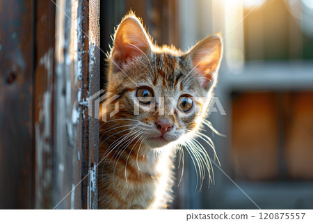 A cute tabby kitten peeking curiously through a window, with sunlight illuminating its face. Perfect for pet-themed projects and designs seeking a sense of warmth and innocence. A cute tabby kitten peeking curiously through a window, with sunlight illuminating its face. Perfect for pet-themed projects and designs seeking a sense of warmth and innocence. 120875557