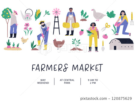 Vibrant hand drawn farmers market poster. Vector banner, templates for agricultural fair, agricultural festival. Vibrant hand drawn farmers market poster. Vector banner, templates for agricultural fair, agricultural festival. 120875629