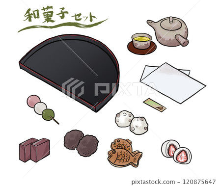 各種日式甜點和茶 各種日式甜點和茶 120875647