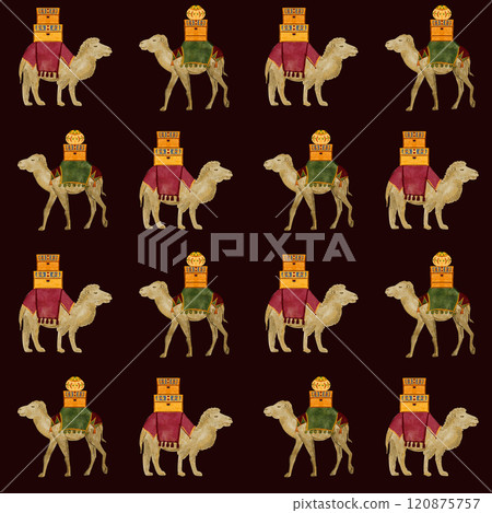 Camel with chests with gifts watercolor seamless pattern on dark background. Hand painted textile, wrapping paper, posters, decoration for celebration of true Christmas. Cute minimalistic clip art 120875757