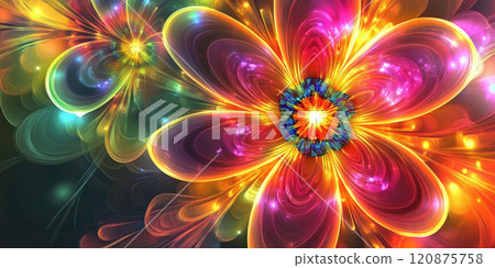 Bright glowing neon flowers horizontal background Bright glowing neon flowers horizontal background 120875758