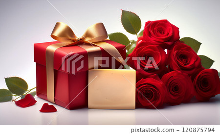 A red box with a gold ribbon sits on a table with a bouquet of red roses 120875794