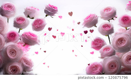 A bouquet of pink roses with hearts scattered around them 120875796