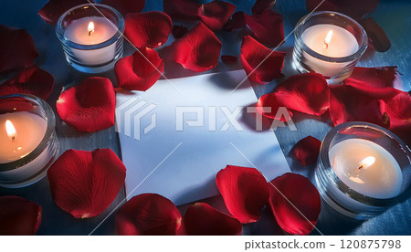 A table with candles and red rose petals 120875798