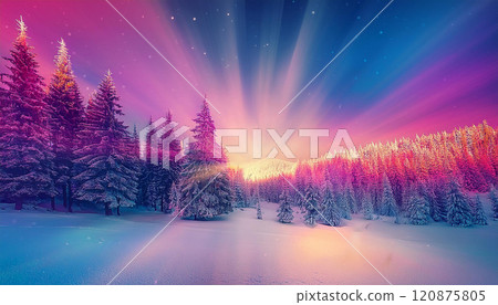 A beautiful winter scene with a bright sun shining through the trees 120875805