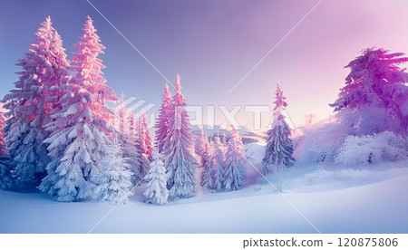 A snowy forest with pink trees 120875806