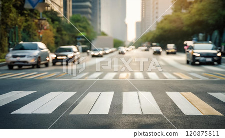 A busy city street with cars and a crosswalk 120875811
