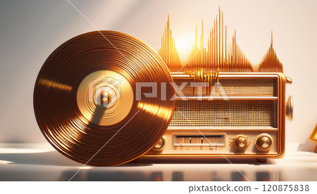 A gold record player sits on a table next to a radio 120875838