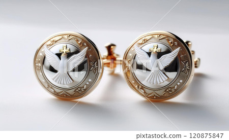 Two gold and white bird-shaped cufflinks with a cross on them Two gold and white bird-shaped cufflinks with a cross on them 120875847