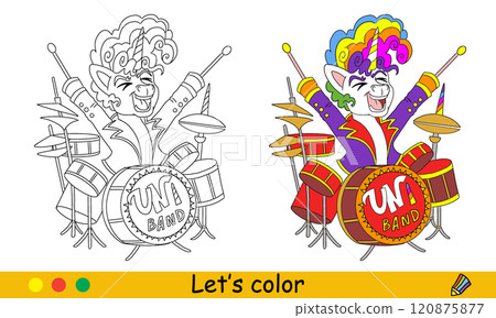 Kids coloring with color template cute unicorn drummer 120875877