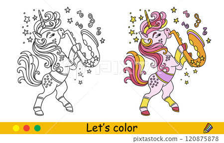 Kids coloring with color template unicorn plays the saxophone 120875878