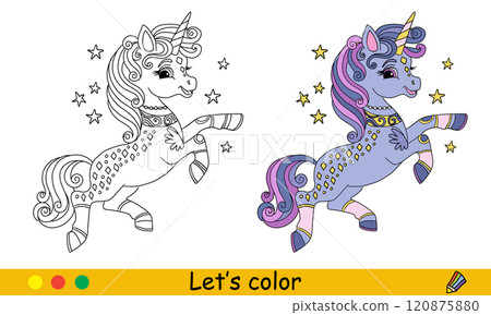 Kids coloring with color template cute purple unicorn 120875880