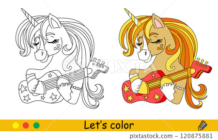 Kids coloring with color template unicorn plays the guitar 120875881