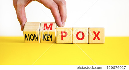 Monkey POX or Mpox symbol. Concept word Monkey POX or Mpox on wooden cubes. Doctor hand. Beautiful yellow table white background. Medical Monkey POX or Mpox concept. Copy space. Monkey POX or Mpox symbol. Concept word Monkey POX or Mpox on wooden cubes. Doctor hand. Beautiful yellow table white background. Medical Monkey POX or Mpox concept. Copy space. 120876017