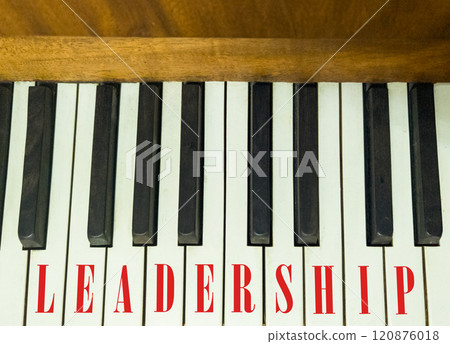 Leadership symbol. Concept word Leadership on beautiful keys of the old retro piano. Beautiful piano-keys background. Black and white keys of the piano. Business leadership concept. Copy space. Leadership symbol. Concept word Leadership on beautiful keys of the old retro piano. Beautiful piano-keys background. Black and white keys of the piano. Business leadership concept. Copy space. 120876018