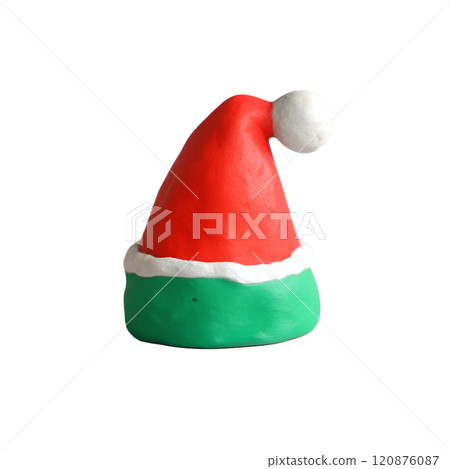 Santa's hat - Christmas clay element in naive childish style. Isolated raster plasticine toy. 120876087