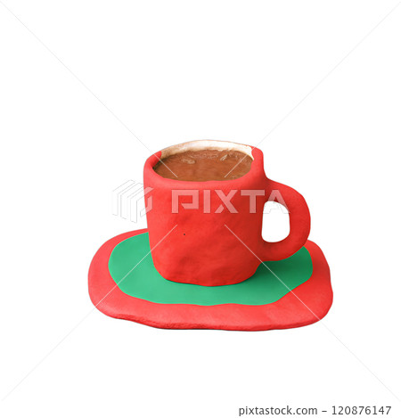 Cup with coffee or cocoa - Christmas clay element in naive childish style. Isolated raster plasticine toy. 120876147