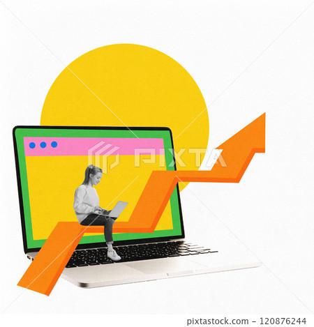 Contemporary art collage. Woman sitting on laptop screen with upward orange graph arrow, representing online growth and SEO strategies. 120876244