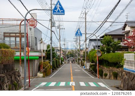Crosswalk without traffic lights and pedestrian crossing road signs 120876265