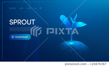 Digital low poly sprout with glowing polygonal design in blue tones on futuristic technology theme Digital low poly sprout with glowing polygonal design in blue tones on futuristic technology theme 120876367