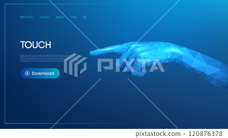 Low poly 3D illustration of a hand pointing with geometric blue shapes on a digital interface. Low poly 3D illustration of a hand pointing with geometric blue shapes on a digital interface. 120876378