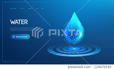 Digital water drop with glowing polygonal pattern and blue tones for water conservation or digital technology theme 120876393