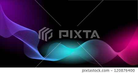 features flowing abstract waves in vibrant colors, showcasing a sleek and modern graphic style. The background is solid black, emphasizing the dynamic movement of the waves. Vector illustration 120876400