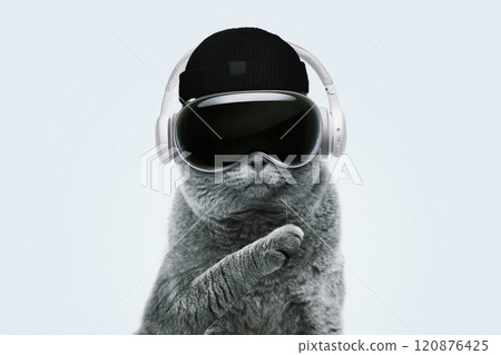 Beautiful funny hipster cat with virtual reality glasses, knitted fashion hat and headphones stands and using revolutionary technology on a blue pastel background. Modern gadget and pet, creative idea 120876425