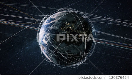 Beautiful blue planet Earth with satellites and trajectory lines in starry space. Planet Earth with the light of the night cities of Europe and the movement of the earth's satellites Beautiful blue planet Earth with satellites and trajectory lines in starry space. Planet Earth with the light of the night cities of Europe and the movement of the earth's satellites 120876434