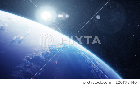 Beautiful blue planet Earth with clouds in space with stars and sun, creative idea. Space wallpaper and planet Beautiful blue planet Earth with clouds in space with stars and sun, creative idea. Space wallpaper and planet 120876440
