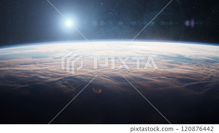 Amazing blue planet Earth with clouds in space with stars and sun light, creative idea. Space, planet, cosmos 120876442
