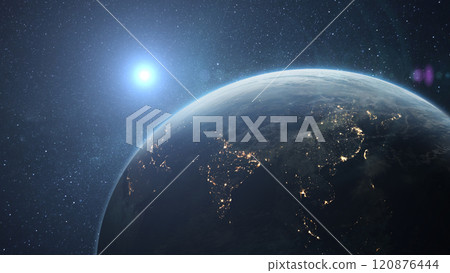 Beautiful blue planet Earth with the lights of night cities with a bright shining sun in a starry sky. Amazing night planet Earth in view of India, China, Korea and Japan. Beautiful blue planet Earth with the lights of night cities with a bright shining sun in a starry sky. Amazing night planet Earth in view of India, China, Korea and Japan. 120876444