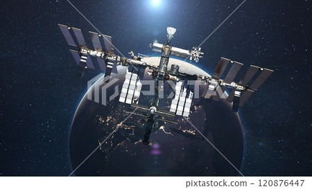 The ISS flies on the background of the blue planet Earth with the light of the sun. Space mission and space exploration The ISS flies on the background of the blue planet Earth with the light of the sun. Space mission and space exploration 120876447