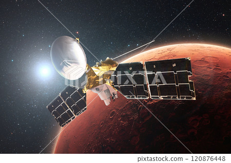 Technological satellite flies in orbit of the red planet Mars. Exploring the planet Mars. Surface of Mars with craters in stellar space with the sun. Mars Reconnaissance Orbiter 120876448