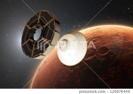 Perseverance Rover's Cruise Stage Separation. Satellite module delivers cargo to the red planet Mars 120876449