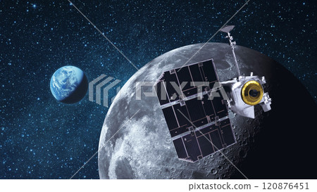 Satellite Lunar Reconnaissance Orbiter flies near the moon with craters and explores the moon in space. View of blue planet Earth from the surface of the Moon 120876451