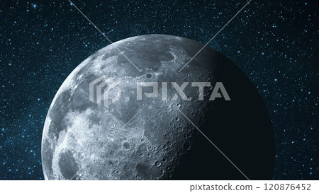 Moon with shadow in starry space. Moon surface with craters 120876452