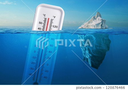 Iceberg in clear blue water and hidden danger under water. Global Warming Concept. Floating ice and a thermometer with a high temperature in ocean. Abnormal heat, concept. Warming, creative idea Iceberg in clear blue water and hidden danger under water. Global Warming Concept. Floating ice and a thermometer with a high temperature in ocean. Abnormal heat, concept. Warming, creative idea 120876466