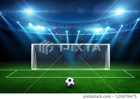Beautiful football stadium with green field, ball, goal and glowing floodlights at night with stars. Football championship and penalties. Game and excitement 120876475
