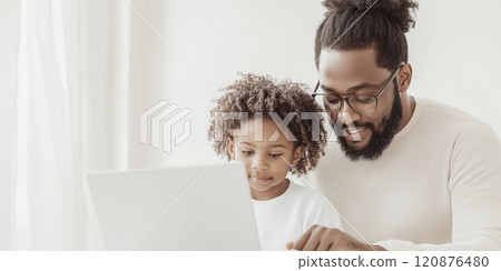 Father and son having fun learning using a computer 120876480