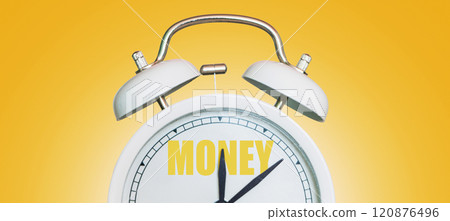 Time for money. White vintage clock pointing to Money on a yellow background 120876496