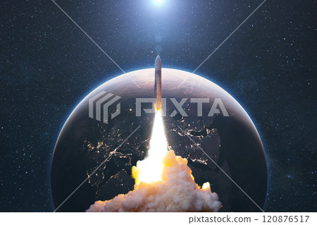 Space rocket lift off into cosmos with smoke and blast on a background of the blue planet earth. Spacecraft flies in space with a starry sky near the planet. Successful start of the mission Space rocket lift off into cosmos with smoke and blast on a background of the blue planet earth. Spacecraft flies in space with a starry sky near the planet. Successful start of the mission 120876517