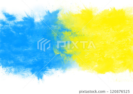 Acrylic dry paint splatter explosion of blue and yellow paint on a white background. Mixing colors. Splashes of paint, creative Acrylic dry paint splatter explosion of blue and yellow paint on a white background. Mixing colors. Splashes of paint, creative 120876525